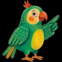 Lingo, der grüne Papagei, zeigt erklärend mit dem Flügel
