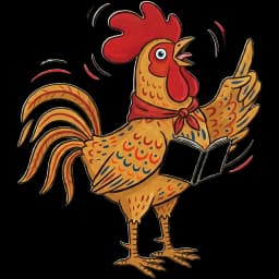 KikeriKI mit Halstuch und aufgeschlagenem Wörterbuch, den Flügel erhoben
