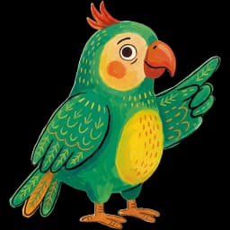 Lingo, der grüne Papagei, zeigt erklärend mit dem Flügel